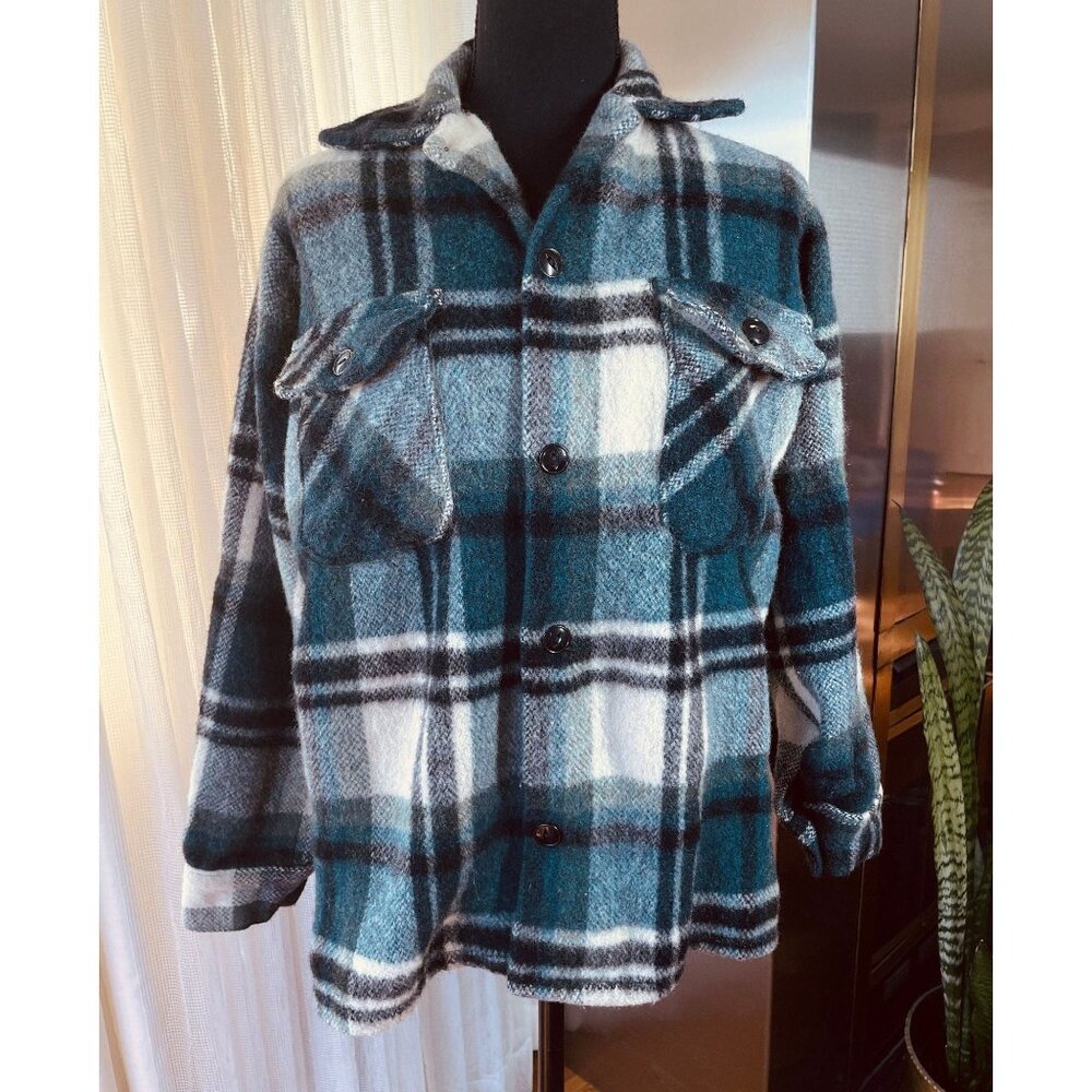 Vintage 60s Canadian Lumber Jack Wool Plaid Shirt, blue teal black & white, (S)